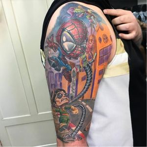 Maravilhosa tatuagem do Homem Aranha e Dr Octopus! #spiderman #homemaranha #comics #nerd #newschool #DouglasScherer #brasil #brazil #portugues #portuguese #coloridas #colorful