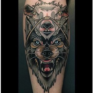 Traditional Wolf and Sheep Cowl Tattoo by Brian Povak #wolfinsheepsclothing #wolf #sheep #neotraditional #BrianPovak
