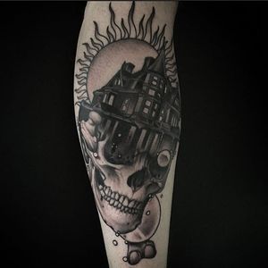 House tattoo by Tyler Allen Kolvenbach. #TylerAllenKolvenbach #skull #house #home #architecture #blackwork