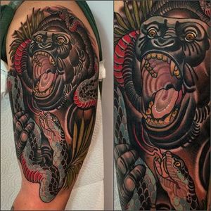 Neo Traditional Gorilla Tattoo by Matt Adamson #Gorilla #neotraditional #snake #MattAdamson