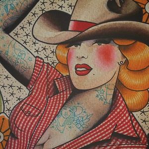 This cowgirl flash design by Howlin' Wolf (IG—howlinwolftattoo) makes us want to giddy-up. #cowgirl #flashart #HowlinWolf #pinup #traditional