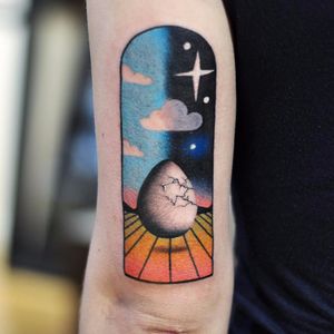 Surreal spaces by David Peyote #DavidPeyote #color #newtraditional #surreal #sun #sky #night #stars #clouds #egg #Dali #cracked #landscape #mountains #tattoooftheday