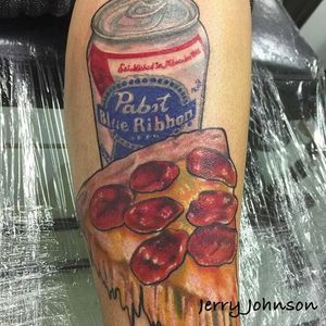PBR and a slice by Jerry Johnson (via IG --  jjtattooer77) #jerryjohnson #pabst #pabsttattoo #pbr #pbrtattoo