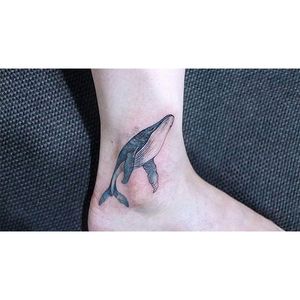Whale tattoo by Baam. #Baam #TattooerBaam #subtle #southkorean #fineline #whale #ankle