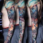 Detailed, somewhat surreal sleeve cataloguing all the various forms of war time activities, by Luka Lajoie. (via IG—lukalajoie) #TattooRoundUp #Sleeves #Realism #War #Wartime #Military