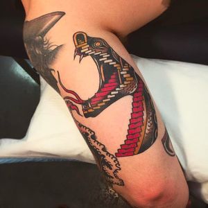 Snake head and Spiral Staircase Tattoo by James McKenna via Instagram @J__Mckenna #JamesMcKenna #Traditional #Neotraditional #Opticalillusion #Fremantle #WesternAustralia #Snake #Staircase