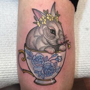 Bunny Teacup Tattoo by Hannah Flowers #bunny #teacup #bunnytattoo #neotraditional #neotraditionaltattoo #neotraditionaltattoos #neotraditionalartist #HannahFlowers