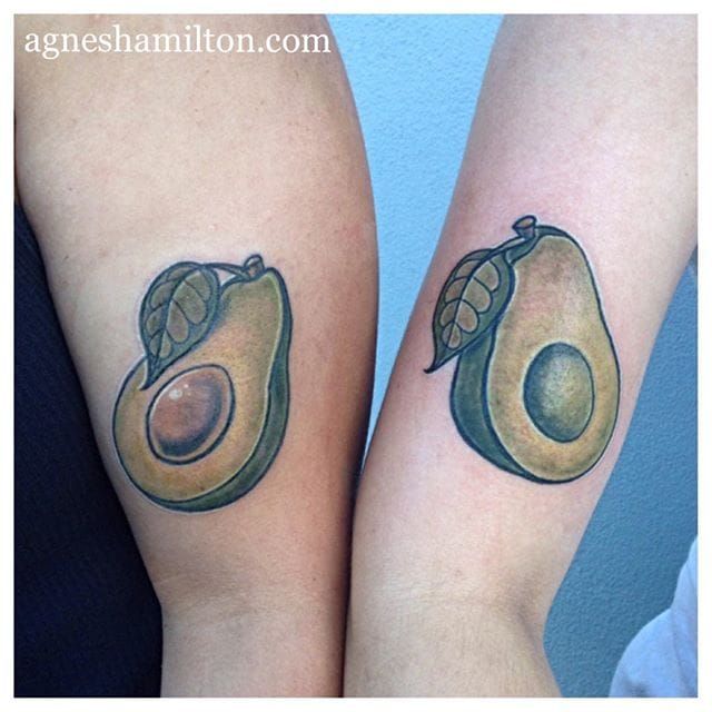Matching avocado tattoos by Agnes Hamilton. #neotraditional #fruit #matchin...