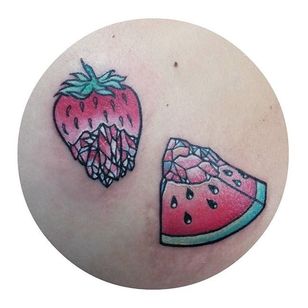 Strawberry and watermelon tattoo by Carla Evelyn. #CarlaEvelyn #girly #pastel #sparkly #cute #strawberry #watermelon #crystal