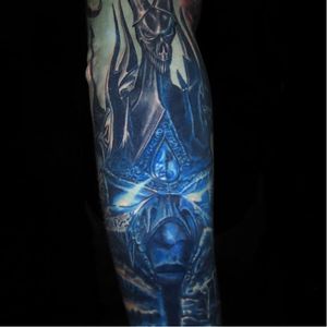 A piece of Jamie Schene's (IG—jamie_schene) amazing Warcraft sleeve featuring Arthas Menethil as the Lich King. #ArthasMenethil #Blizzard #JamieSchene #TheLichKing #Warcraft