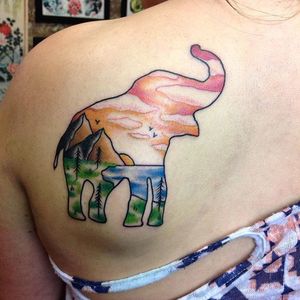 Double exposure elephant tattoo by James Ghrey. #traditional #newtraditional #JamesGhrey #elephant #nature #mountains #sea #lake #ocean