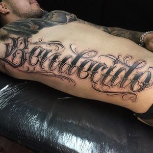Bendecido Lettering Tattoo by Orks One via @Orks_Tattoos #OrksTattoos #OrksOne #Lettering #Script #Bendecido #LosAngeles