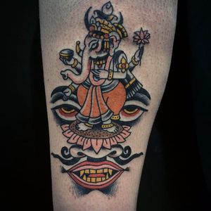 A depiction of Ganesha by Shaun Bailey (IG—bailey_tattooer). #dark #Ganesha #ShaunBailey #traditional
