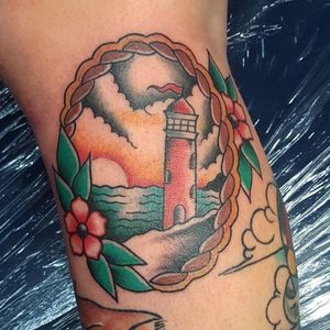 Cool traditional sunset lighthouse, by Josh Ruddick #JoshRuddick #lighthousetattoo #traditionaltattoo
