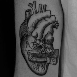 Wooden Heart Tattoo by Steven Fournier from Providence Tattoo #wooden #heart #linework #stevenfournier #providencetattoo #blackwork