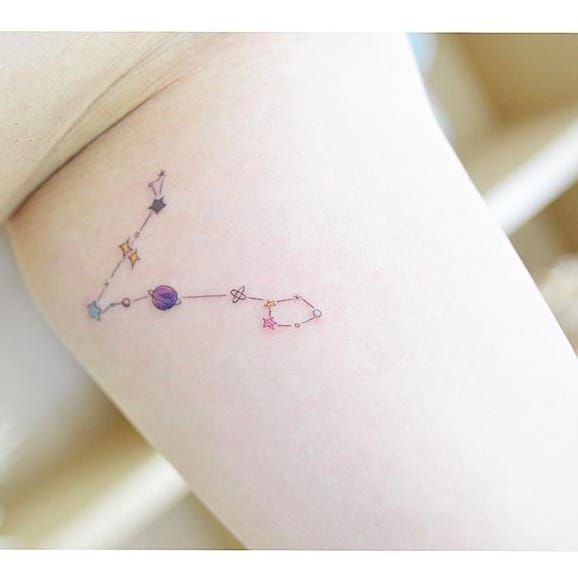 Minimalist Aries constellation tattoo on the forearm.