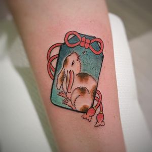 Bb bunny tattoo by Debora Visco #deboravisco #handpoketattoos #tebori #irezumi #Japanese #rabbit #butterfly #bunny #animal #cute #rope #tassel #postcard #bow #nonelectric #stickandpoke
