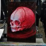 A crimson painting of a baby's skull via Christian Perez (IG—christian1perez). #babyskull #ChristianPerez #fineart #oilpaintings #skulls