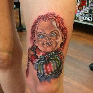 Color realism Chucky tattoo by Justin Hofmeister. #Chucky #ChildsPlay #horror #doll #realism #colorrealism #JustinHofmeister