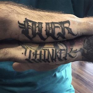 'Over Thinker' Tattoo by Vince Le #lettering #script #darklettering #letteringartist #darkartist #VinceLe