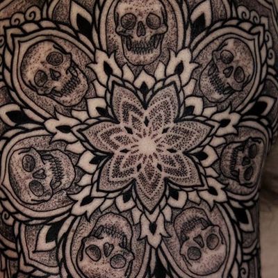 Mandala details by Kirk Nilsen #KirkNilsen #blackwork #mandala #skull #dotwork #linework #tattoooftheday