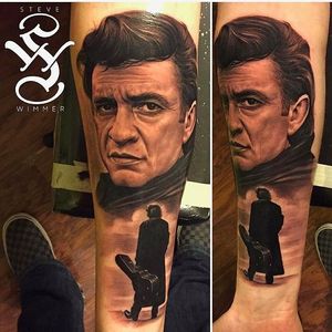 Clean and solid Johnny Cash tattoo done by Steve Wimmer. #SteveWimmer #portraittattoo #realistic #blackandgrey #johnnycash