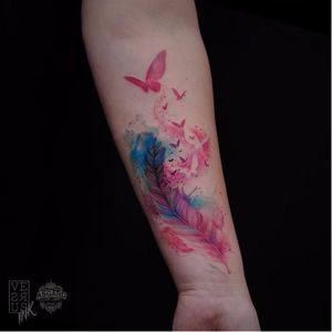 Feather tattoo by Alberto Cuerva #AlbertoCuerva #graphic #watercolor #feather #butterfly #negativespace