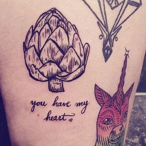 You Have My Heart (of artichoke) tattoo by Jill Greenseth #vegetabletattoo #hearttattoo #artichoketattoo #jillgreenseth