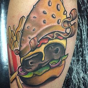 New school cheeseburger and fries tattoo by Jay Purdy. #newschool #fries #food #burger #cheeseburger #JayPurdy