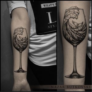 Gorgeous and poetic tattoo by Nazar Butkovski #NazarButkovski #engraving #blackwork #science #glass #3D #whale #wave