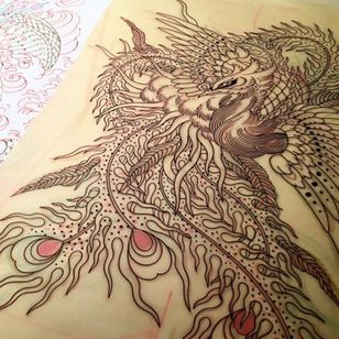 Chris creates some perfect linework. Tattoo design by Chris O'Donnell. #ChrisODonnell #TraditionalJapanese #KingsAvenueTattoo #NewYorkTattooer #oriental #easternculture #peacock #asianart #illustration
