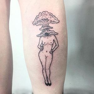 Explosion pin up lady tattoo by Molly Jean. #MollyJean #blackwork #pinup #lady #headless #blast #explosion