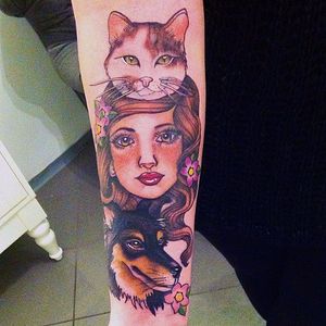 Lady and her pet cat and dog tattoo by Carly Kroll. #neotraditional #cat #dog #collie #CarlyKroll