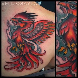Solid looking phoenix tattoo done by Emilio Saylor. #EmilioSaylor #phoenix #FENIX #neotraditional