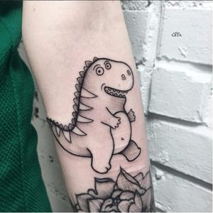 Fun dinosaur tattoo by Katya Geta #KatyaGeta #blackwork #dotwork #dinosaur