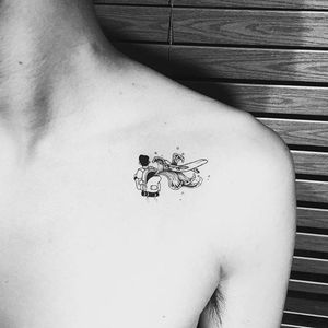 Traveller tattoo by Masa. #Masa #southkorea #southkorean #tattooartist  #micrortattoo #linework #subtle #travel #backpack #airplane #wanderlust