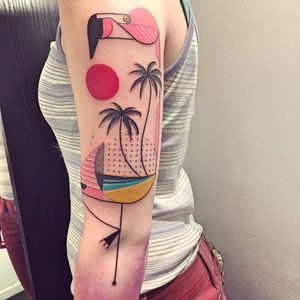 Flamingo tattoo by Sydney Mahy #Syydlekid #SydneyMahy #graphic #cubist #flamingo #palmtree
