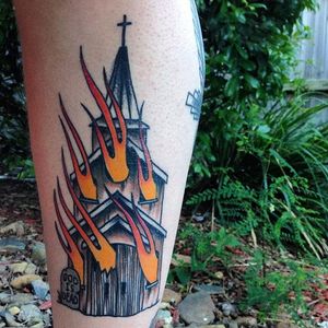 God isn't going to save us. Burning church tattoo by James Ghrey. #traditional #newtraditional #JamesGhrey #burningchurch #church #godisdead #tombstone #gravestone