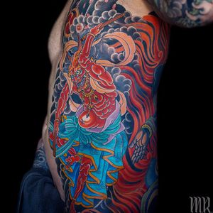 Raijin by Mike Rubendall #mikerubendall #Japanese #color #raijin #demon #deity #folklore #clouds #yokai #pattern #fire #thunder #storm #jewelry #tattoooftheday