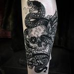 Starry Skull and Snake Tattoo by Merry Morgan @Merry_tattooer #MerryMorgan #MerryTattooer #black #blackwork #blckwrk #starrytattoo #starrynight #blacktattooing #btattooing #BlackInc #Skull #Snake