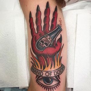 Black Sabbath "Hand of Doom" tattooed by Dan Aranda. (Via Instagram arandatattoos) #metal #blacksabbath #handofdoom #traditional #music #DanAranda