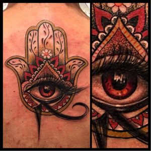 Hamsa hand and Horus eye tattoo by Francesco Bianco #FrancescoBianco #neotraditional #hamsa #eye #eyeofhorus