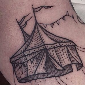 Circus Tent Tattoo by Susanne Konig #circustattoo #circustattoos #tenttattoo #tent #circustent #circustenttattoo #linework #illustrative #blackwork #blackworkcircustattoo #SusanneKonig