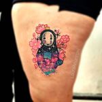 No Face tattoo by Laura Anunnaki. #LauraAnunnaki #noface #japanese #anime #studioghibli #spiritedaway #ghibli #cherryblossom