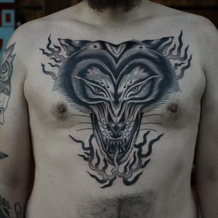Tattoo by Franco Maldonado #FrancoMaldonado #black gray #illustrative #neutraditional #darkart #surrealistic #wolf #dog #dog #fire #nature #animals #forest #linework #dotwork