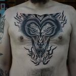 Tattoo by Franco Maldonado #FrancoMaldonado #blackandgrey #illustrative #newtraditional #darkart #surreal #wolf #dog #demon #fire #nature #animal #forest #linework #dotwork