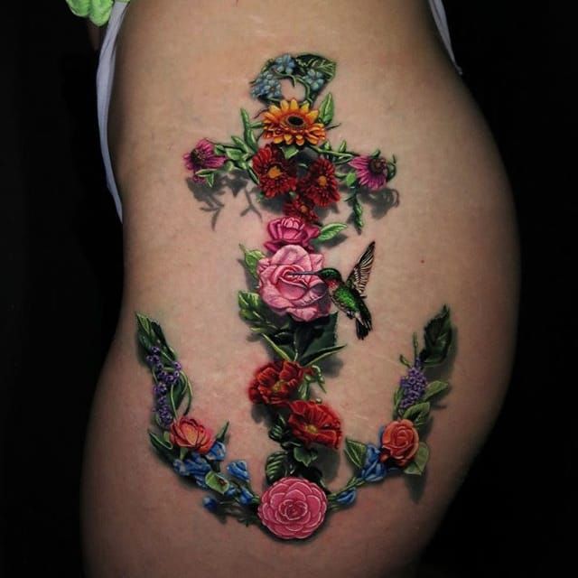 Classic Anchor With Flowers Tattoo Design