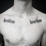 Script tattoos on the chest by Frankie Caraccioli #FrankieCaraccioli #script #lettering #heartless #headless #symmetry