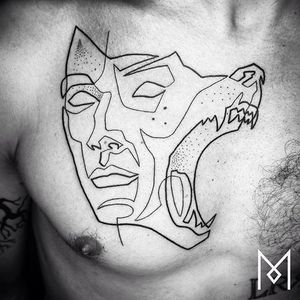 Single line animalistic portrait tattoo by Mo Ganji. #MoGanji #minimalist #singleline #continuousline #portrait #face #wolf