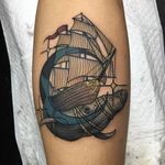 Nautical tattoo by Swan. #Swan #SwanTattooer #neotraditional #neotrad #whale #ship #moon #crescentmoon #crescent #overlay